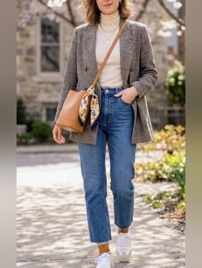 Zara Women's Double-Breasted Glen Plaid Blazer Coat in Brown/Black